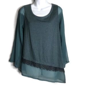 Asymetrical Hem Heathered Blue Sheer Sleeves Trim